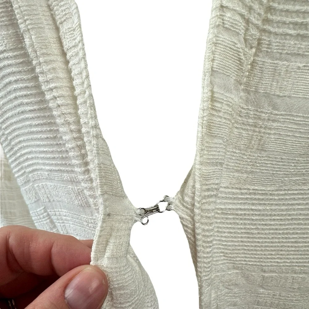 NSF Off‎ White X-Small P Long Sleeve Cardigan Wrap Top Textured Hook & Eye Tie